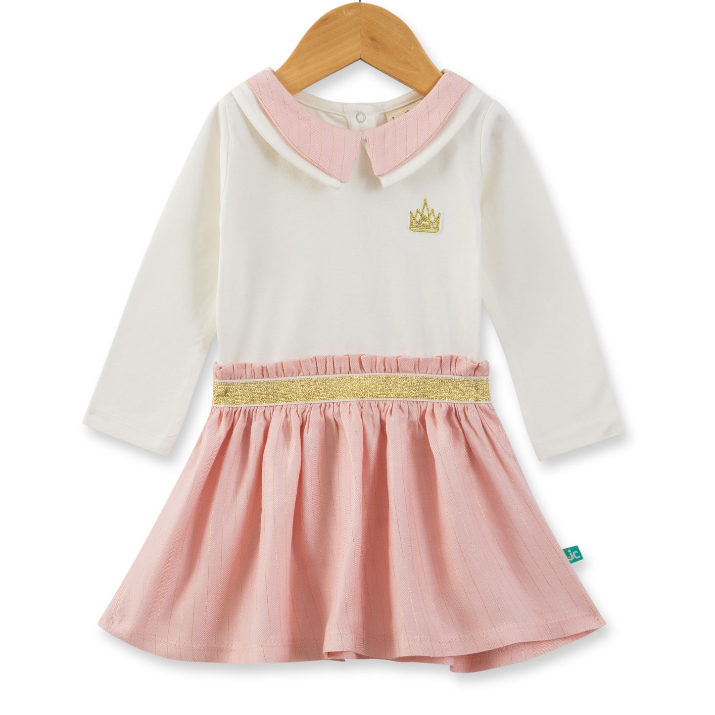 Baby  Girls' Ivory and Pink Dress with Gold Crown Detail & Glitter Waistband