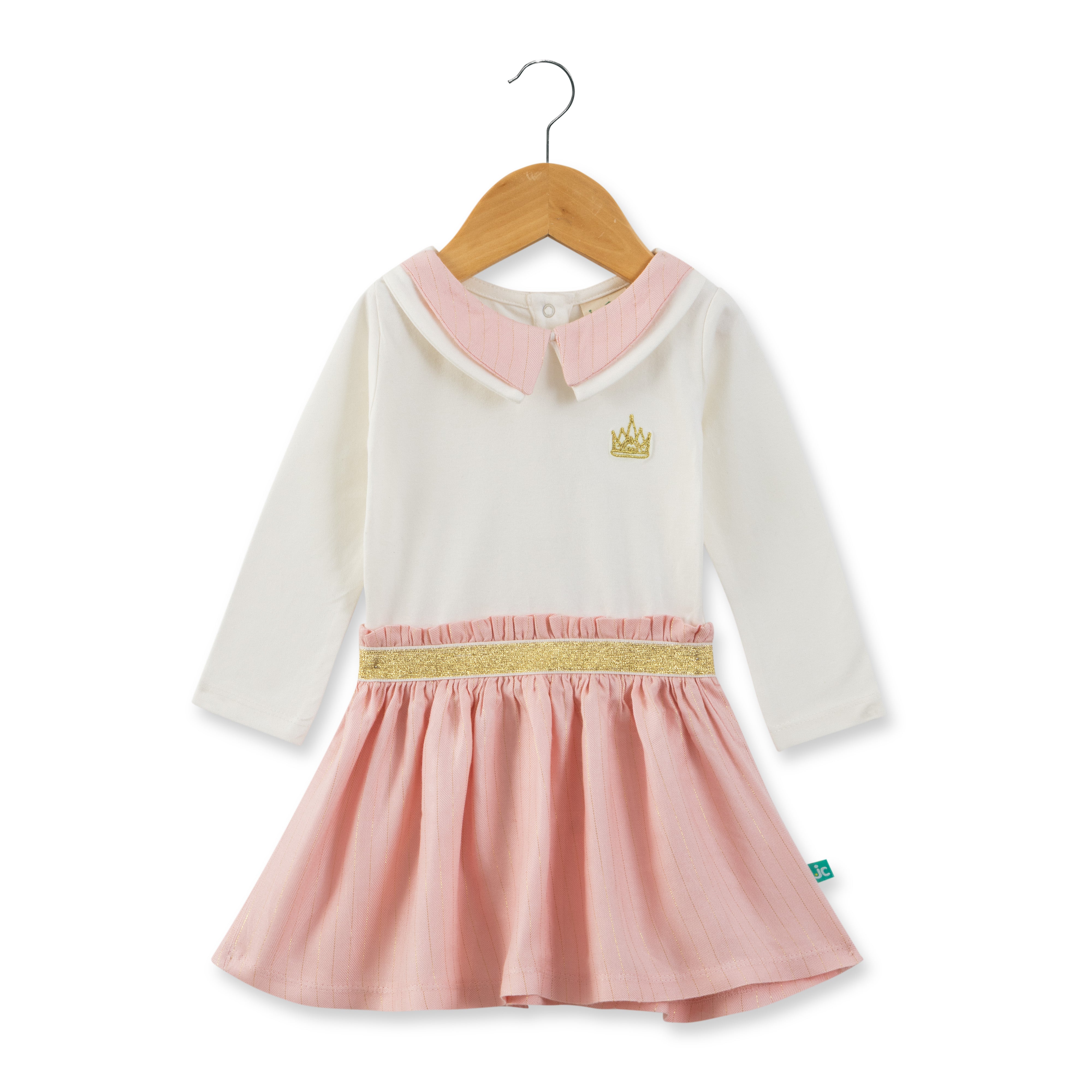 Girls' Ivory and Pink Dress with Gold Crown Detail & Glitter Waistband
