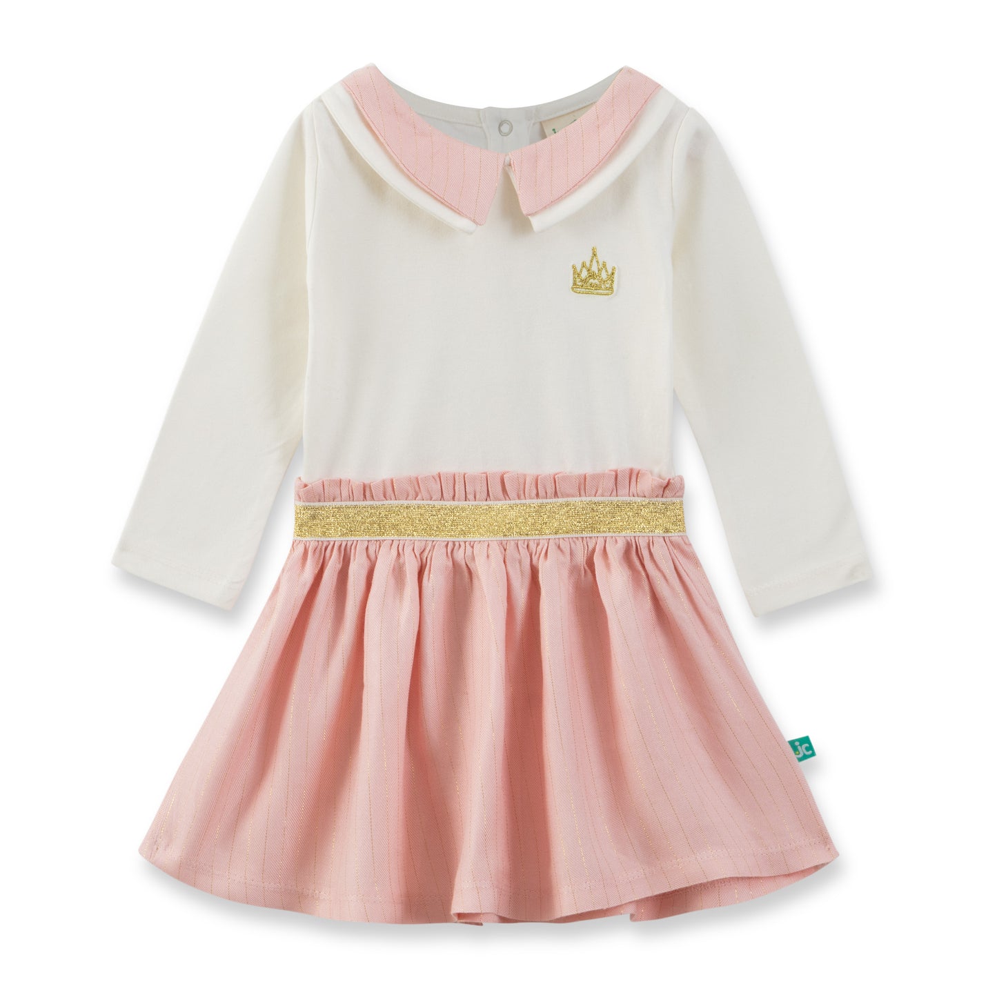 Baby  Girls' Ivory and Pink Dress with Gold Crown Detail & Glitter Waistband