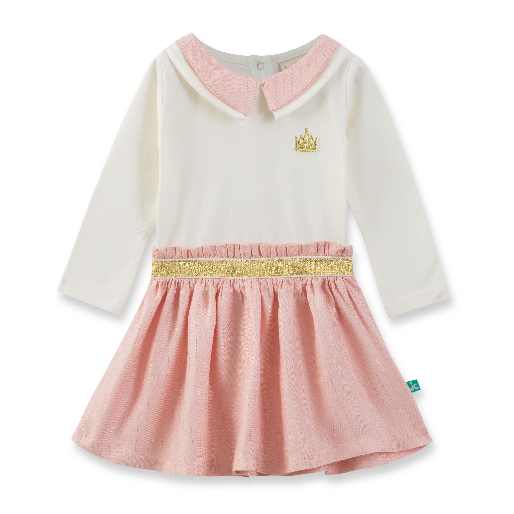 Baby  Girls' Ivory and Pink Dress with Gold Crown Detail & Glitter Waistband