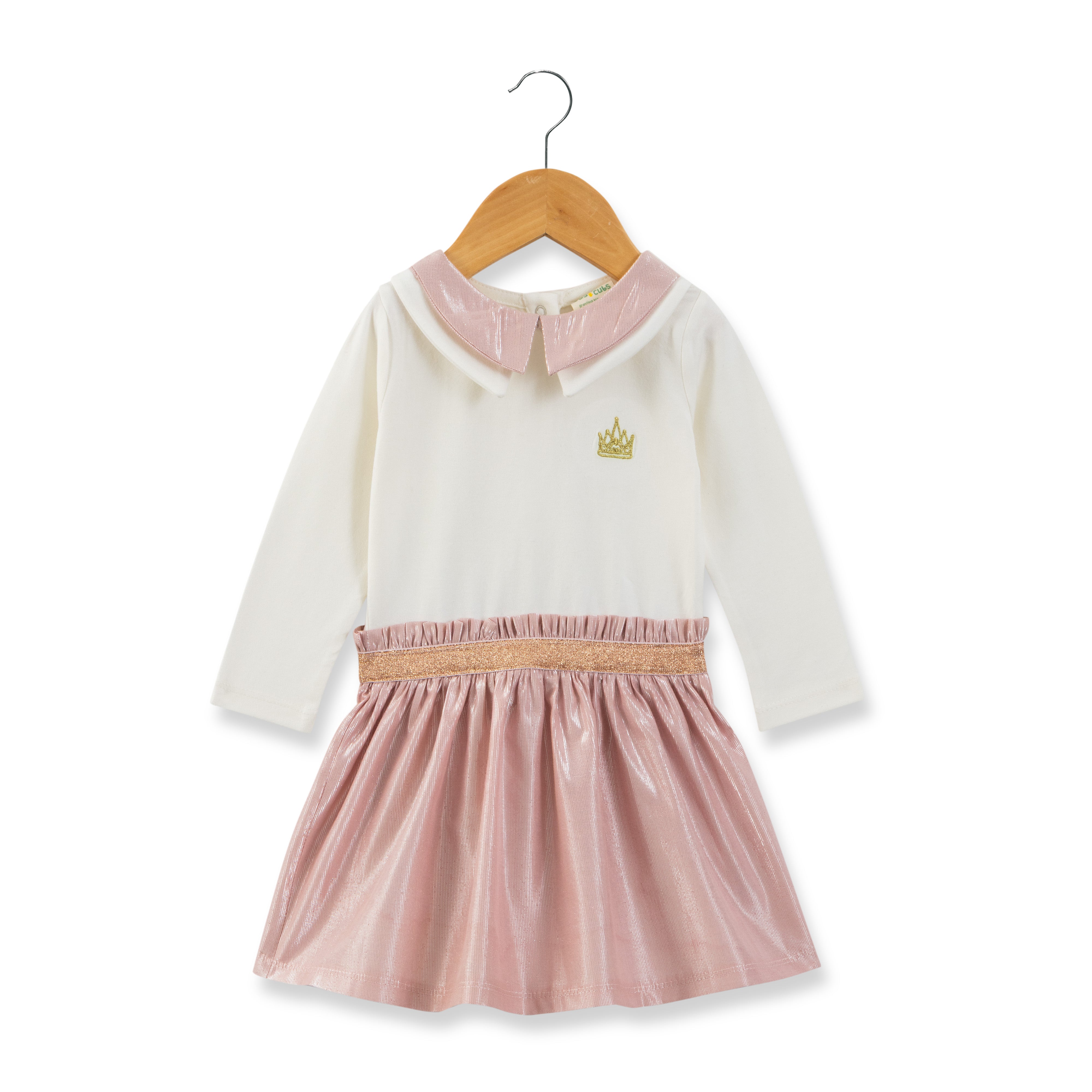 Baby Girls' Ivory and Metallic Pink Dress with Gold Crown & Glitter Waistband