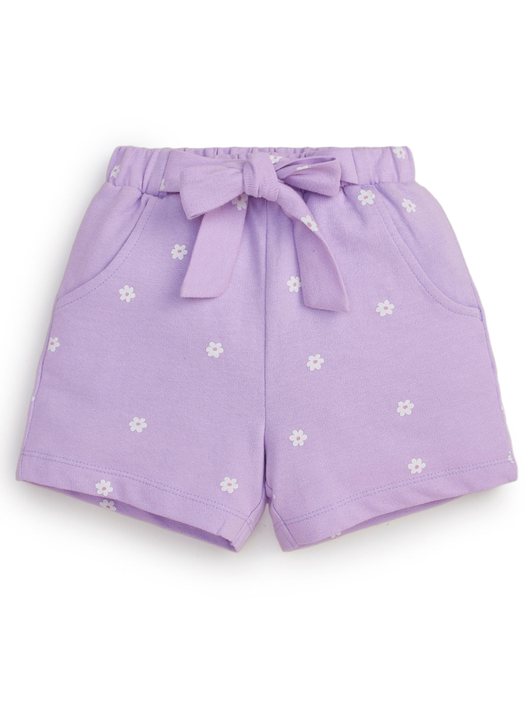 "Girls' Lilac Floral Print Shorts with Bow – Soft Cotton