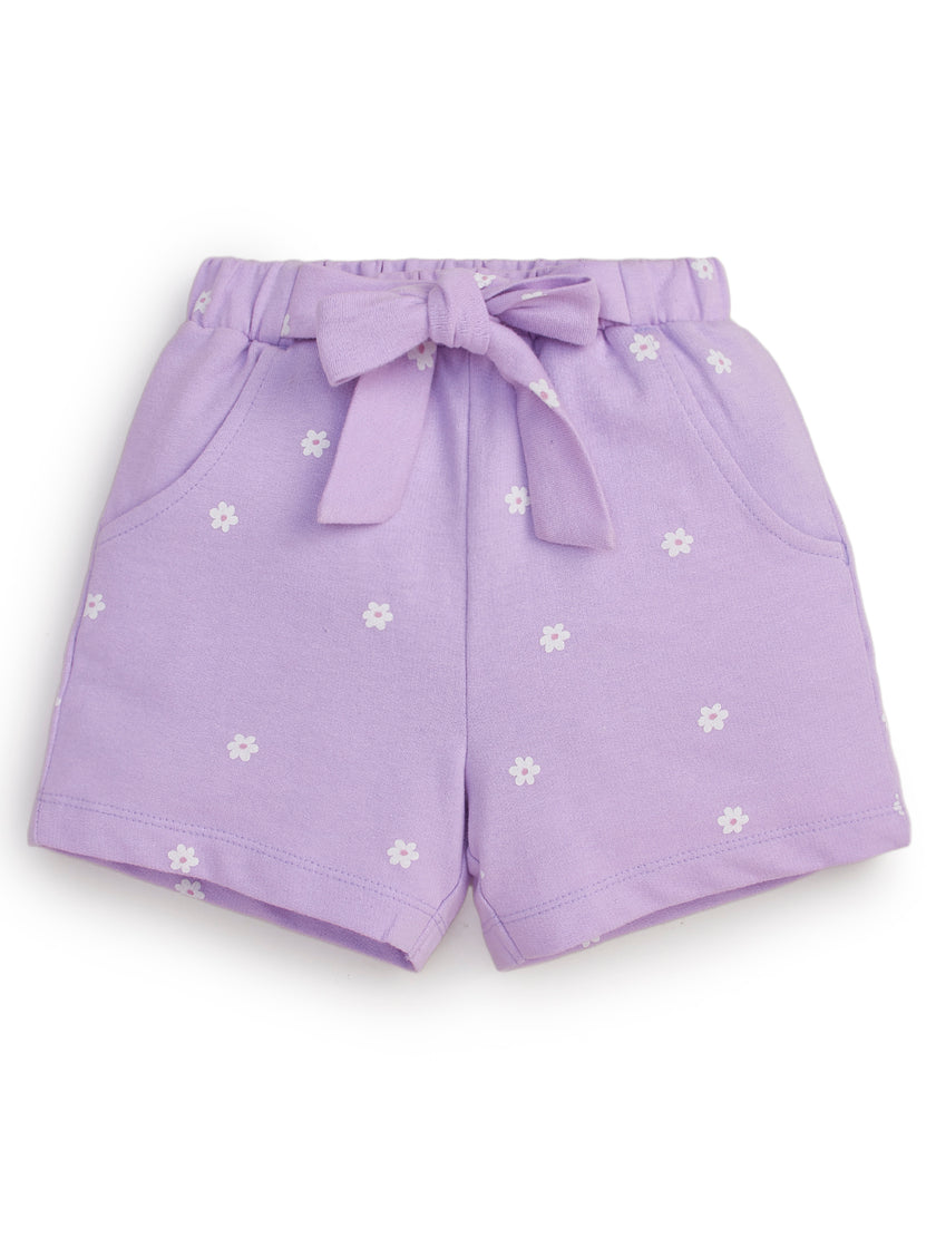 "Girls' Lilac Floral Print Shorts with Bow – Soft Cotton