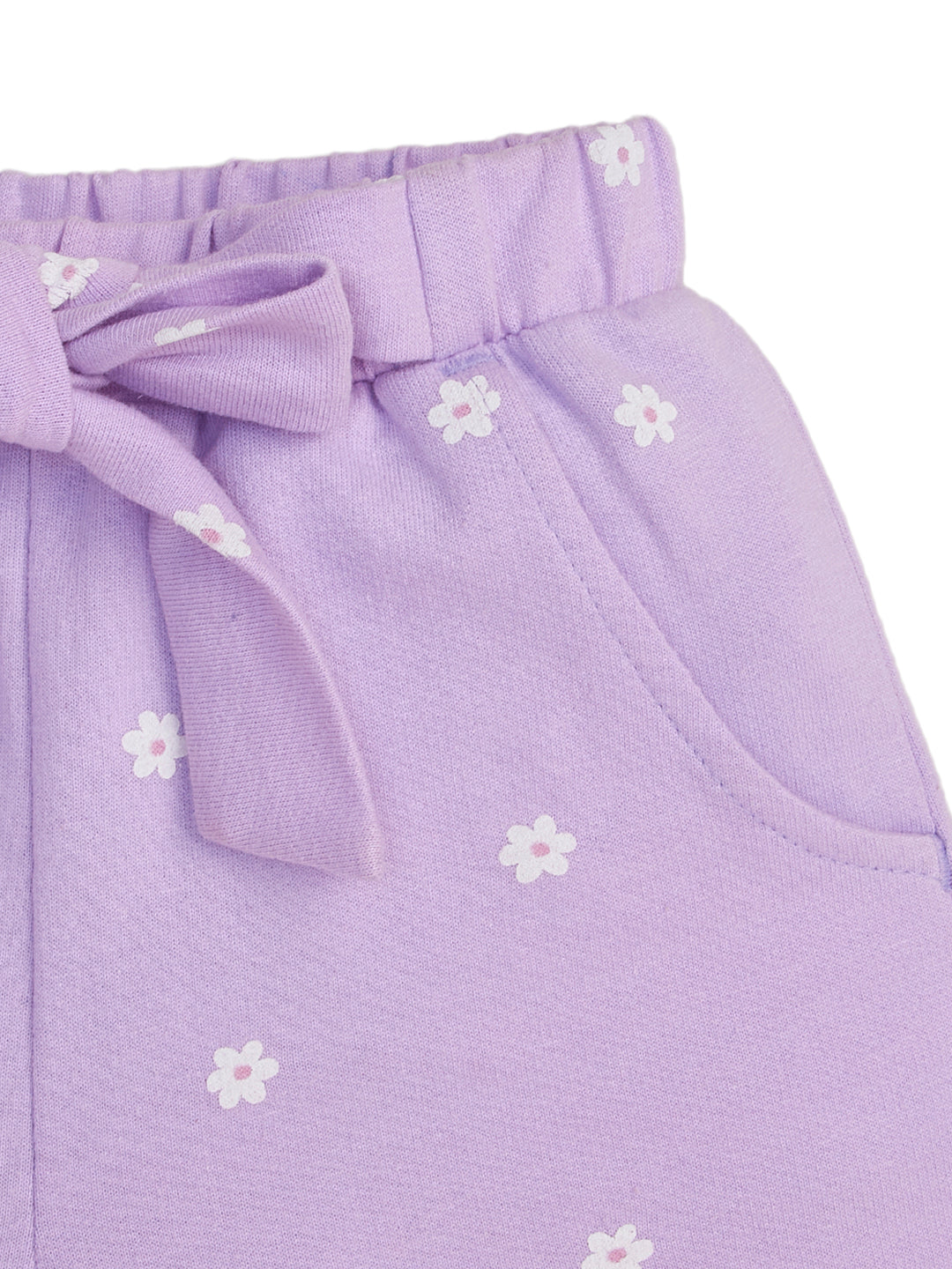 "Girls' Lilac Floral Print Shorts with Bow – Soft Cotton