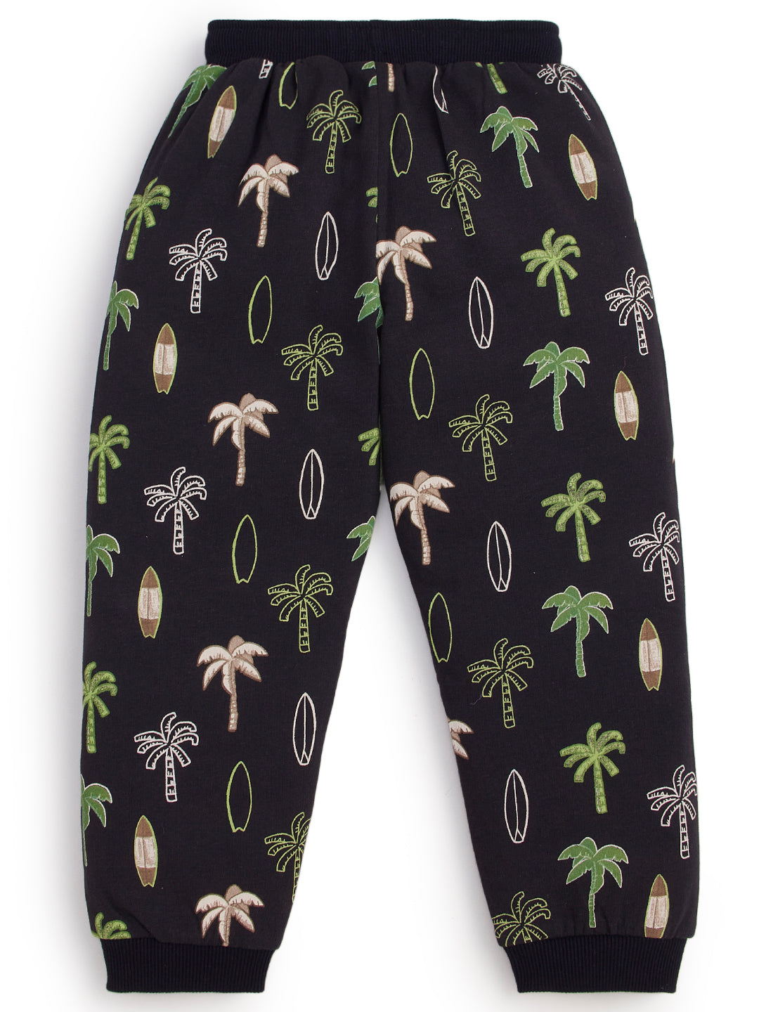 "Boys' Black Jogger Pants with Palm Tree & Surfboard Print
