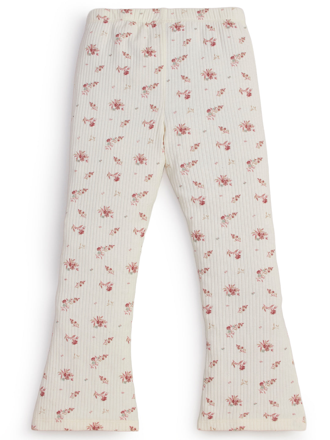"Girls' Ribbed Cotton Flared Leggings – Cream Floral Print"