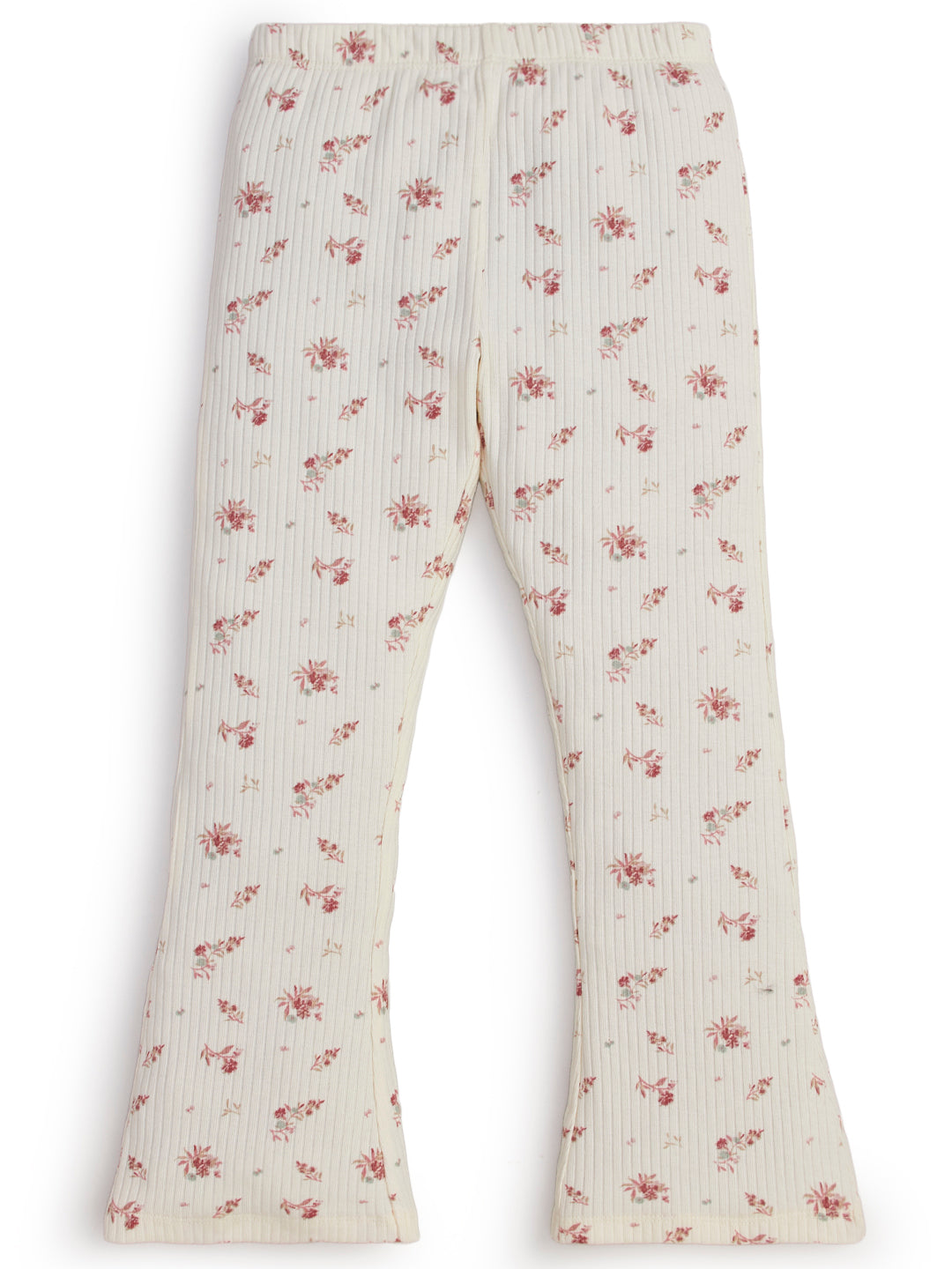 "Girls' Ribbed Cotton Flared Leggings – Cream Floral Print"