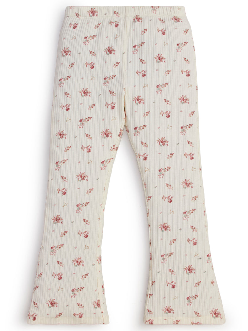 "Girls' Ribbed Cotton Flared Leggings – Cream Floral Print"