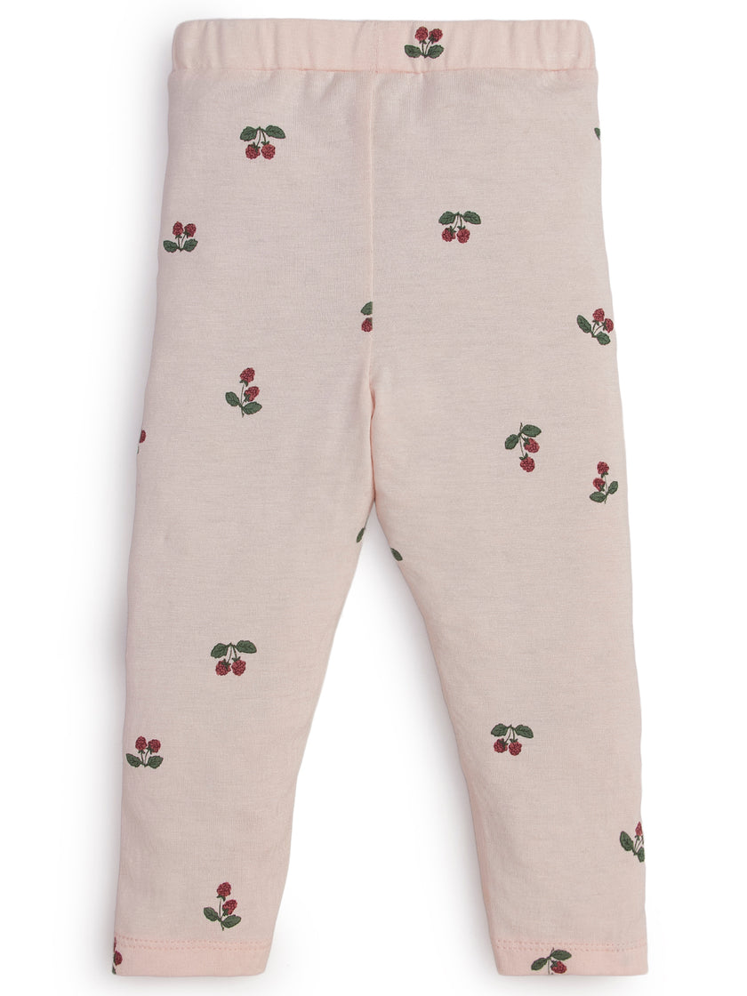 "Girls' Light Pink Cotton Leggings – Cherry Print Design"