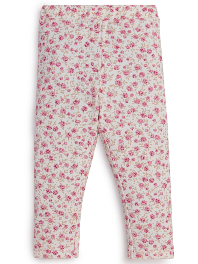 "Girls' Floral Print Cotton Leggings – Pink Rose Pattern"
