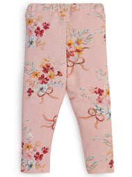 "Girls' Blush Pink Leggings with Vintage Floral & Bow Print"