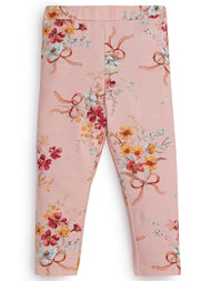 "Girls' Blush Pink Leggings with Vintage Floral & Bow Print"