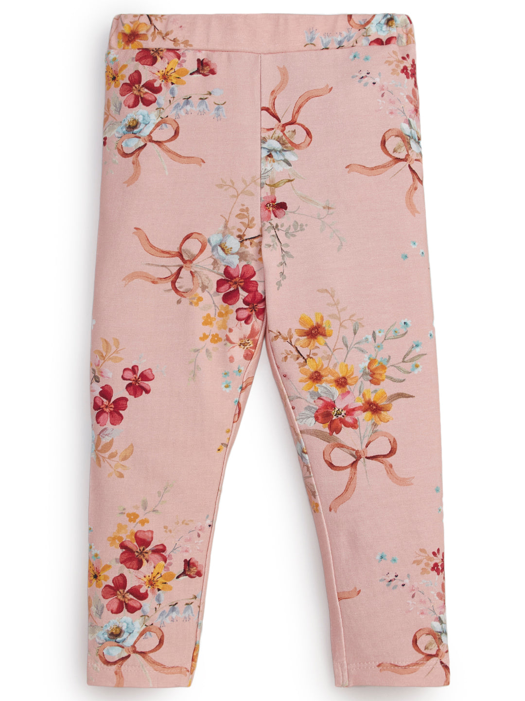 "Girls' Blush Pink Leggings with Vintage Floral & Bow Print"