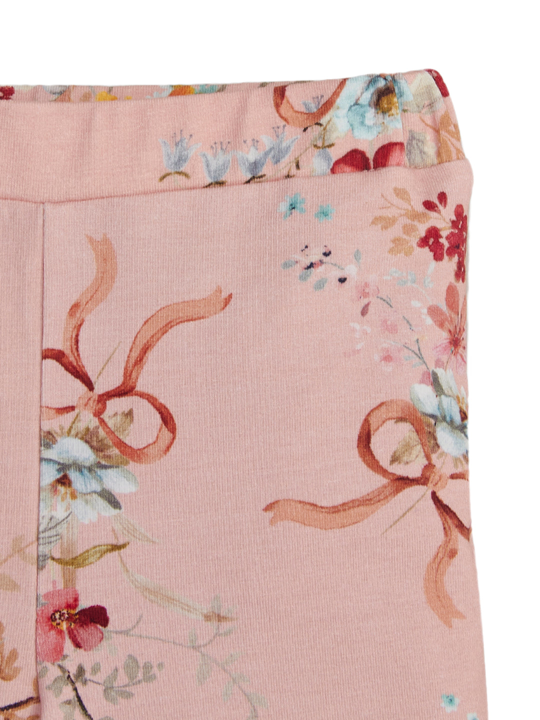 "Girls' Blush Pink Leggings with Vintage Floral & Bow Print"