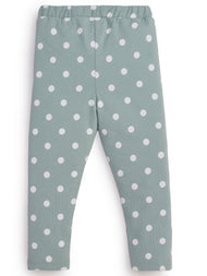 "Girls' Sage Green Leggings with White Polka Dot Print"