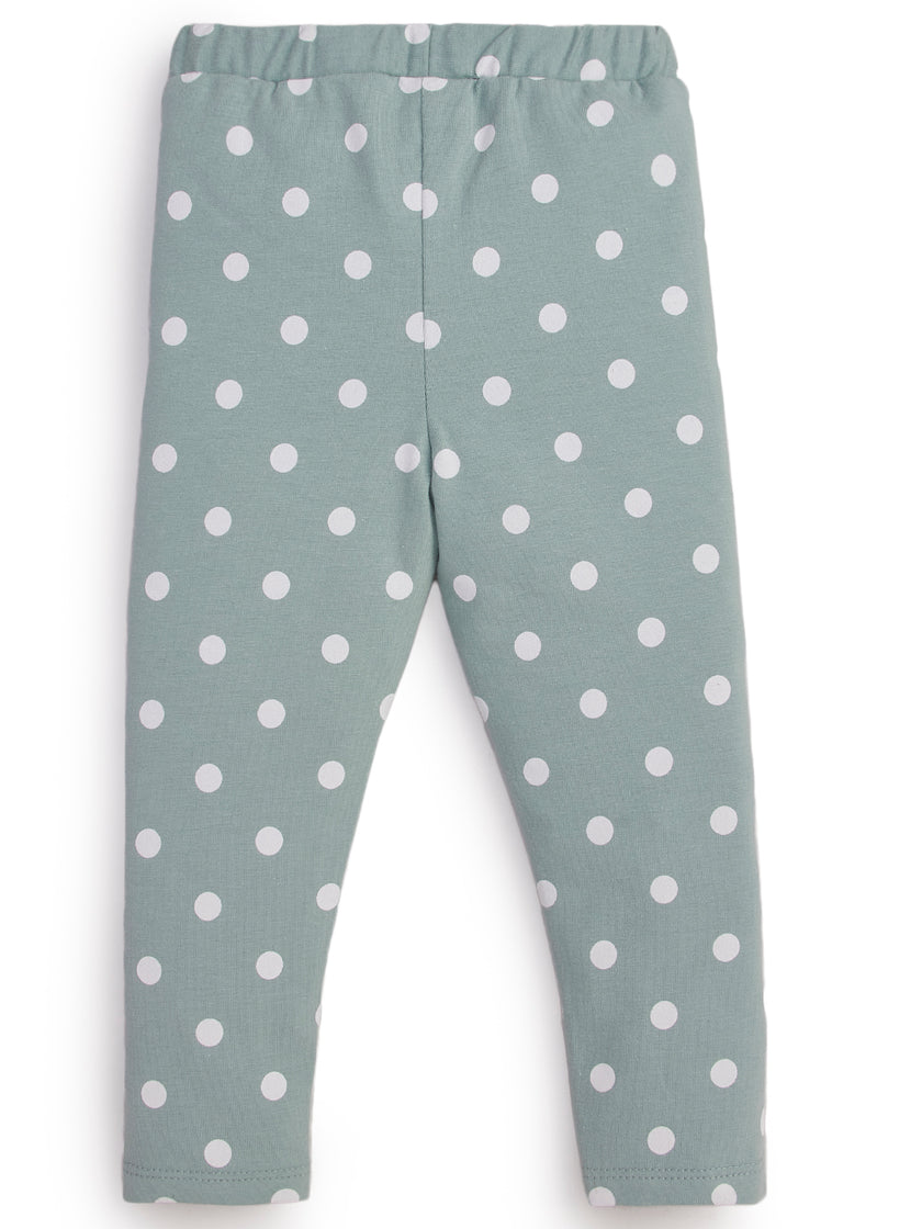 "Girls' Sage Green Leggings with White Polka Dot Print"