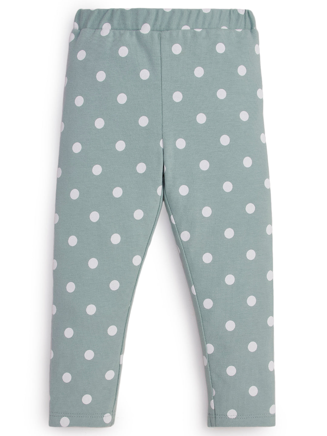 "Girls' Sage Green Leggings with White Polka Dot Print"