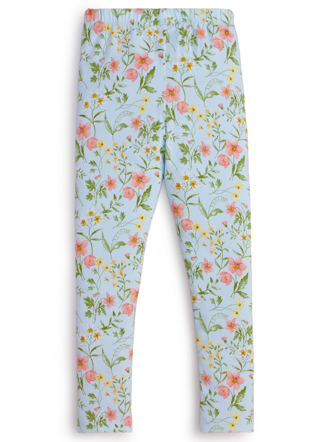 "Girls' Light Green Floral Print Leggings – Soft Cotton Blend"