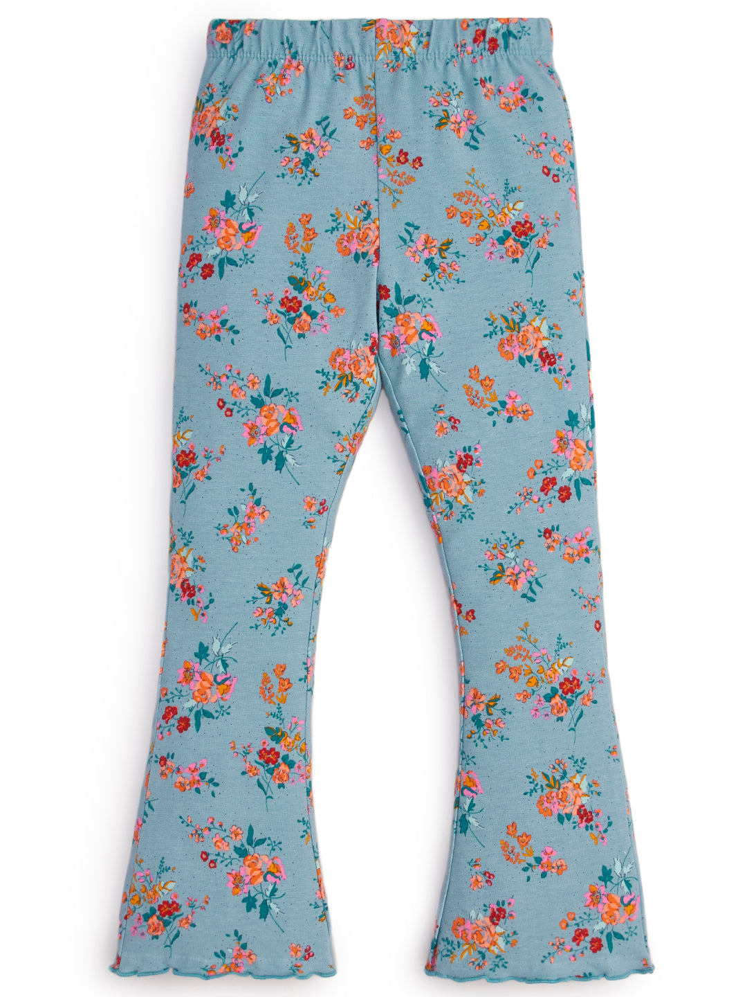 "Girls' Floral Flared Leggings – Blue with Multicolor Print"