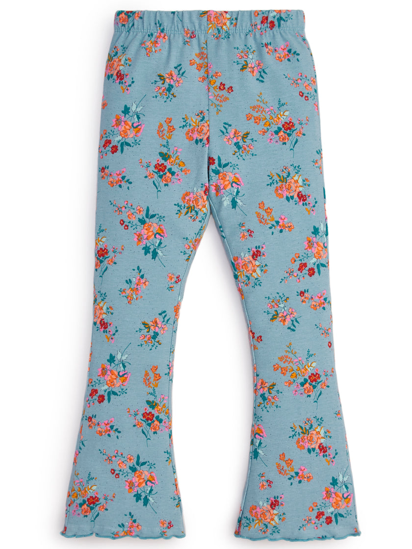 "Girls' Floral Flared Leggings – Blue with Multicolor Print"
