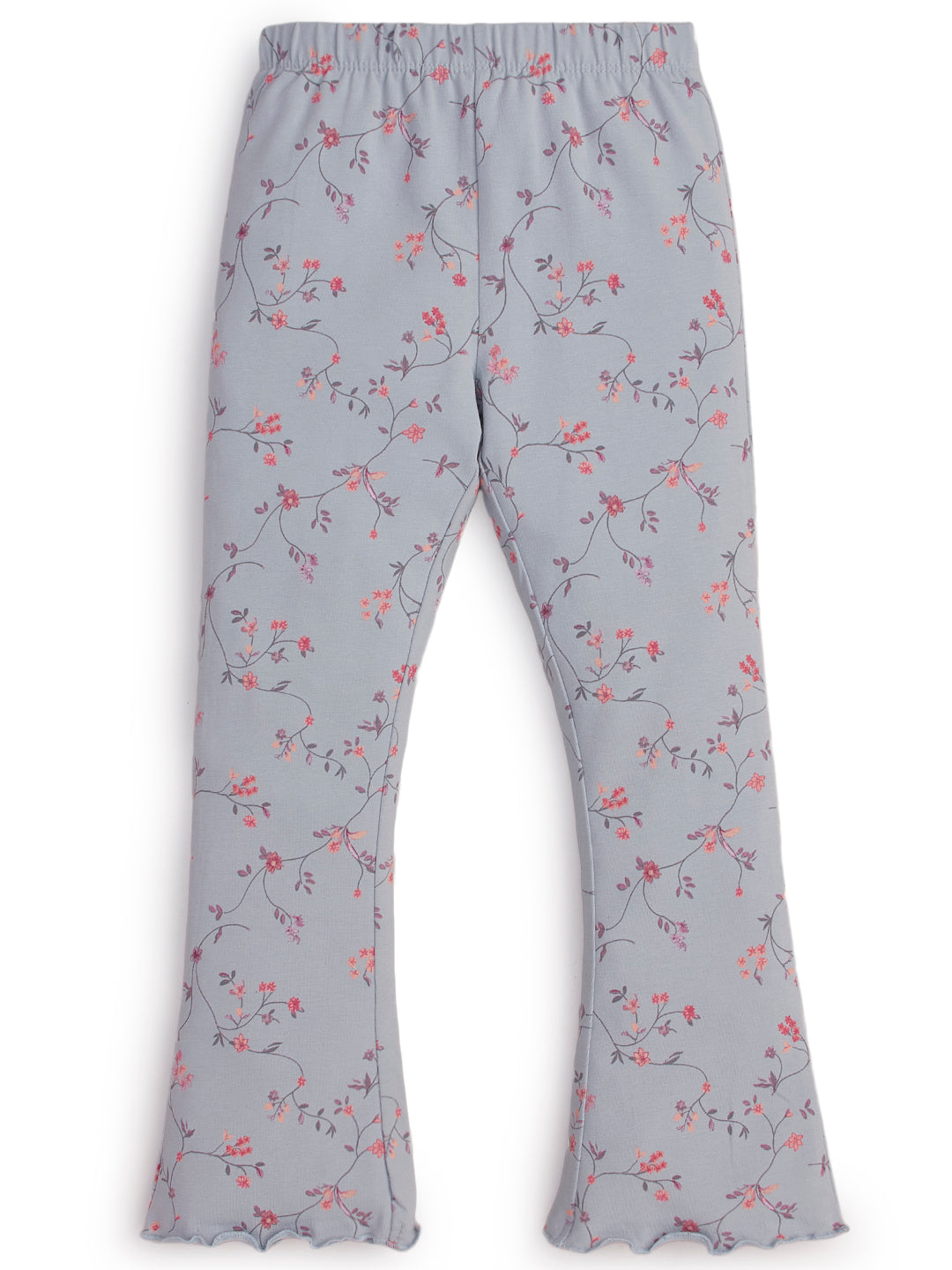 "Girls' Ribbed Waist Cotton Flared Leggings – Multicolor Flower Print"