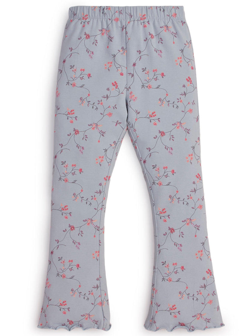 "Girls' Ribbed Waist Cotton Flared Leggings – Multicolor Flower Print"