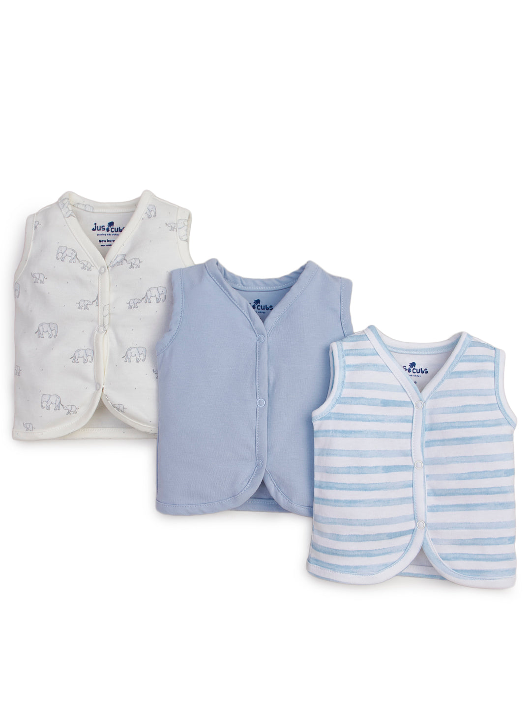 "Baby Boys' Sleeveless Cotton Vest Set – Pack of 3 (Elephant Print, Solid Blue, Striped)"