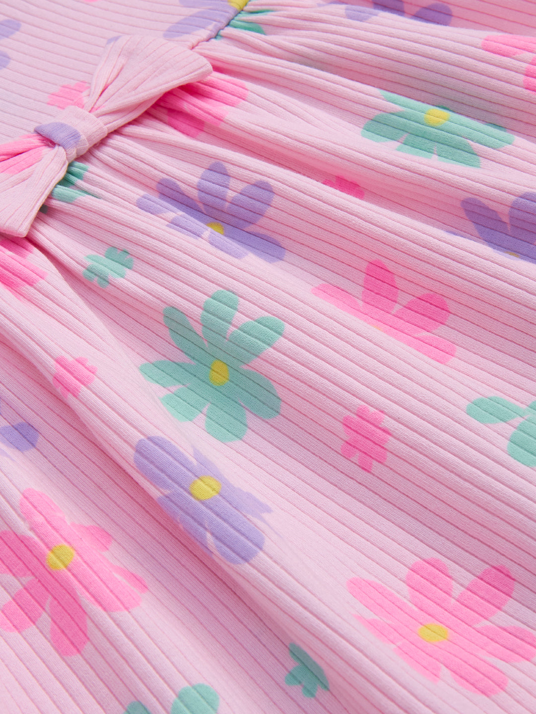 "Baby Girls’ Flutter Sleeve Floral Dress – Pink with Multicolor Daisy Print & Bow Detail"