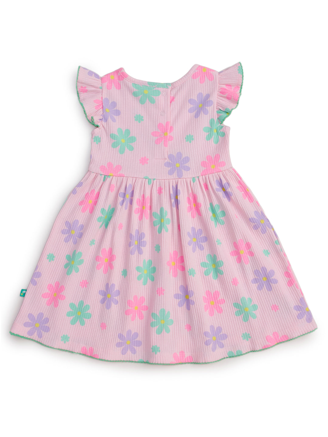 "Girls’ Flutter Sleeve Floral Dress – Pink with Multicolor Daisy Print & Bow Detail"