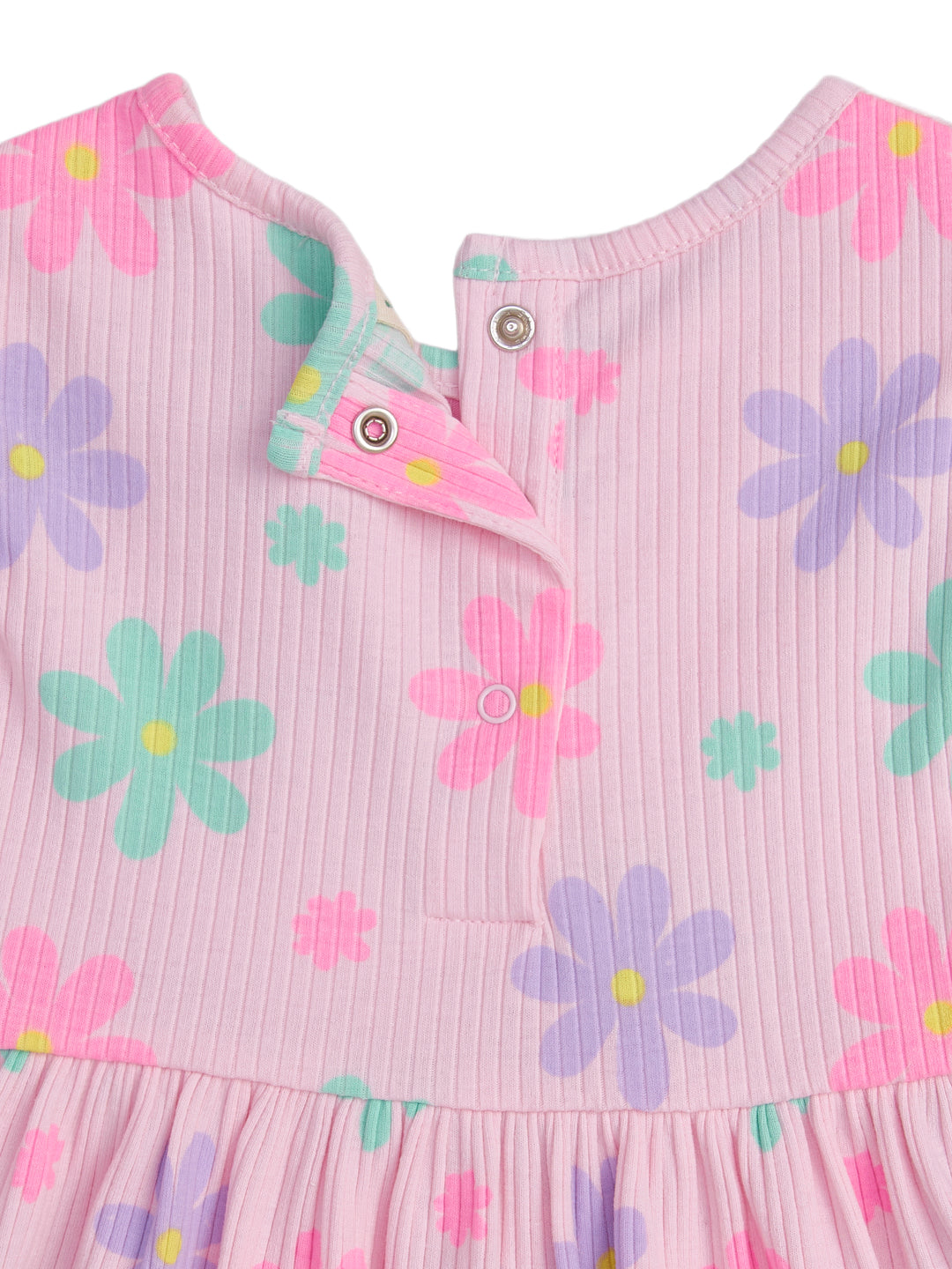 "Girls’ Flutter Sleeve Floral Dress – Pink with Multicolor Daisy Print & Bow Detail"