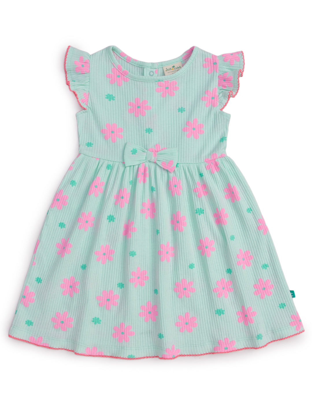 "Baby Girls’ Mint Green Flutter Sleeve Dress – Pink Floral Print with Bow Accent"