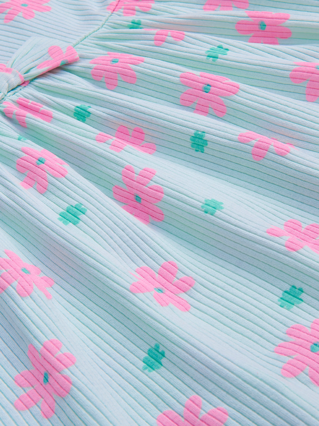 "Girls’ Mint Green Flutter Sleeve Dress – Pink Floral Print with Bow Accent"