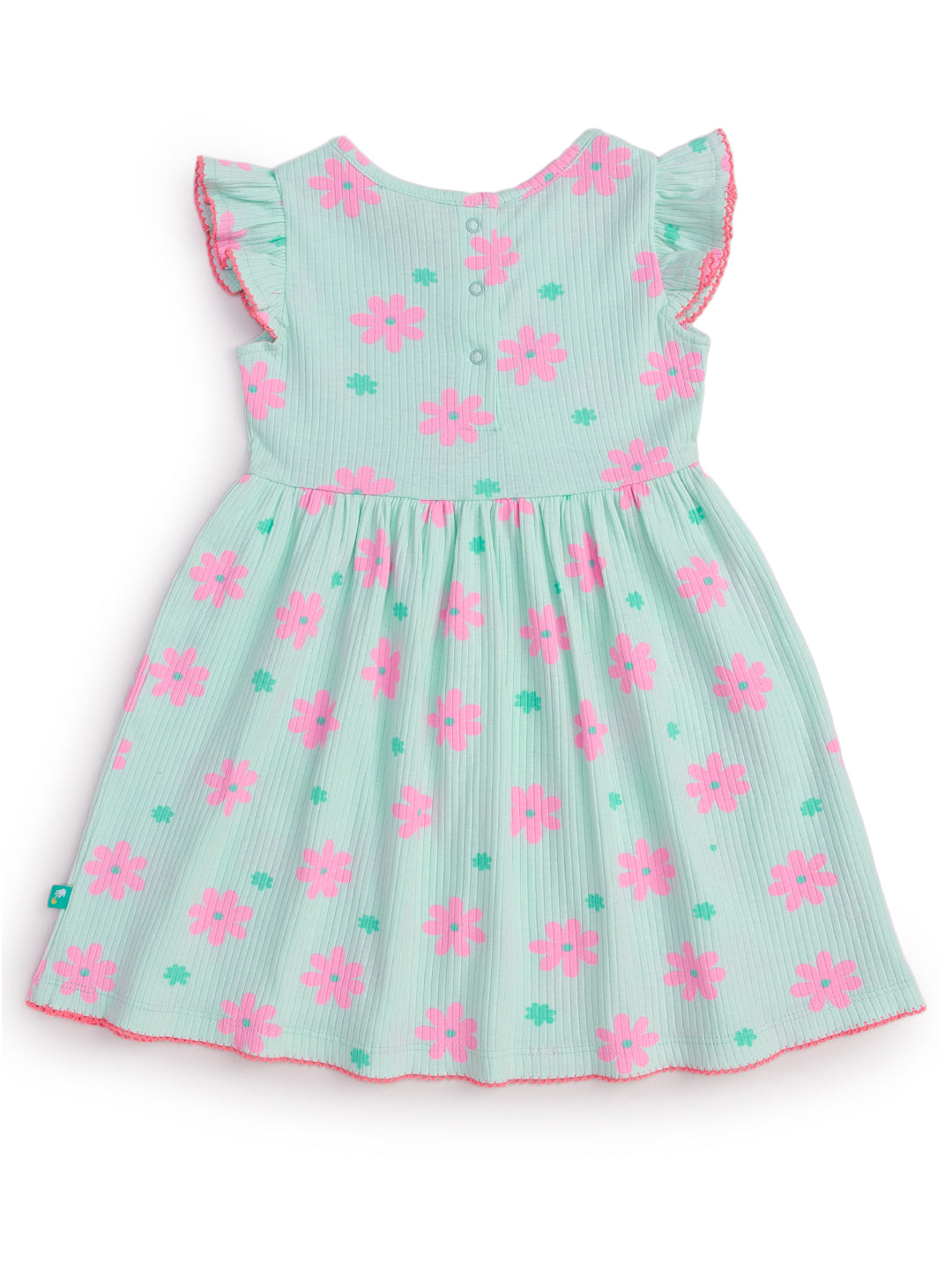 "Girls’ Mint Green Flutter Sleeve Dress – Pink Floral Print with Bow Accent"
