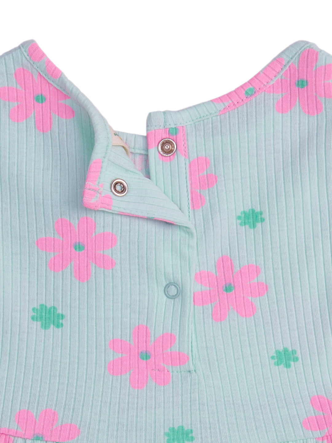 "Girls’ Mint Green Flutter Sleeve Dress – Pink Floral Print with Bow Accent"