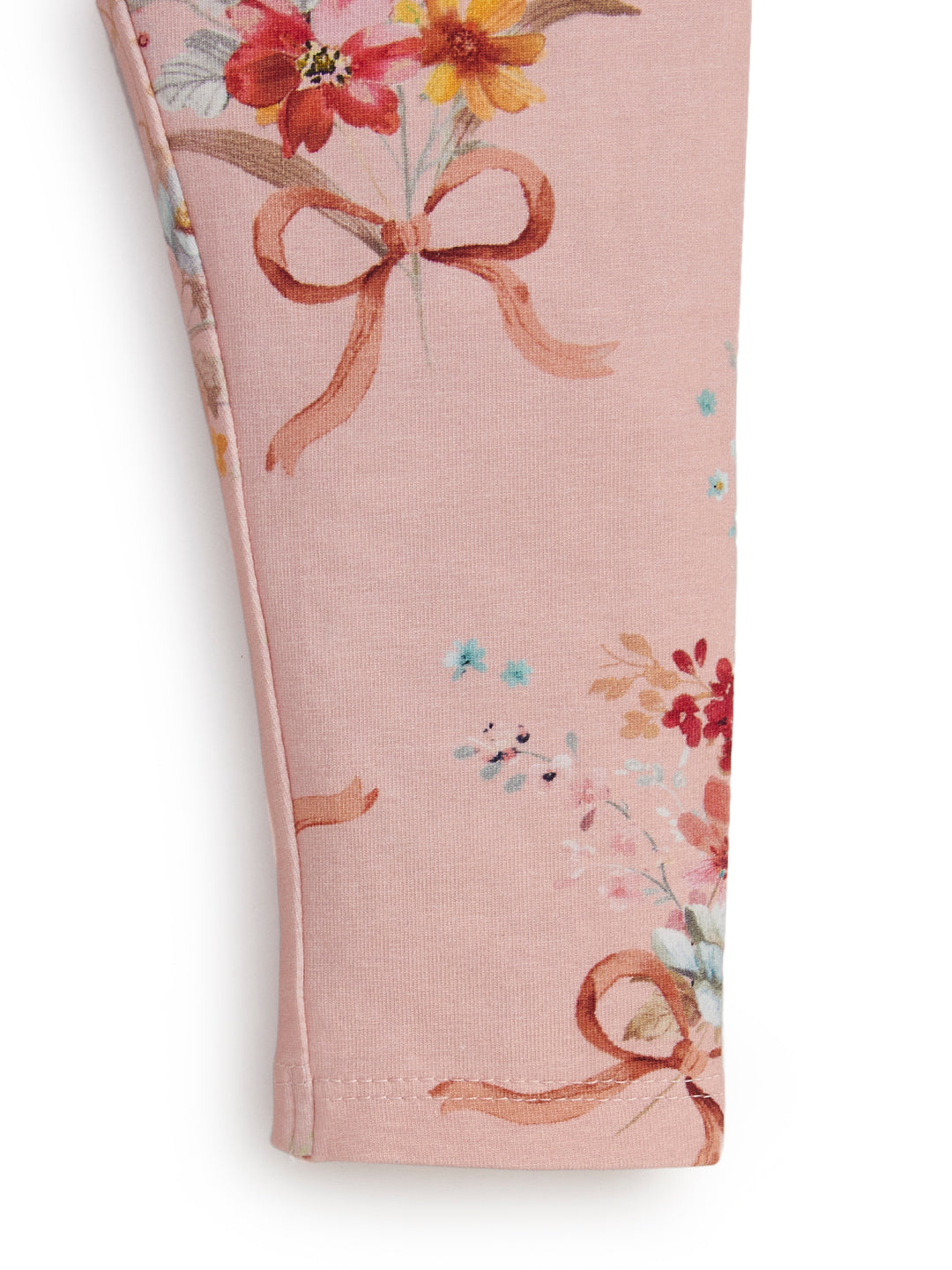 "Girls' Blush Pink Leggings with Vintage Floral & Bow Print"