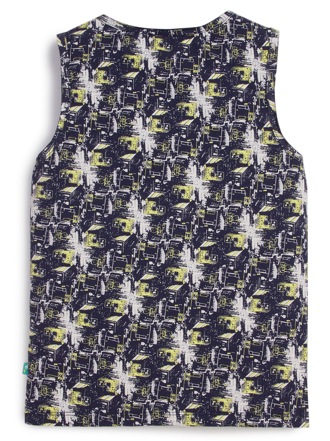 Boys' Sleeveless Henley T-shirt – Navy Blue with Neon Yellow Graphic Print