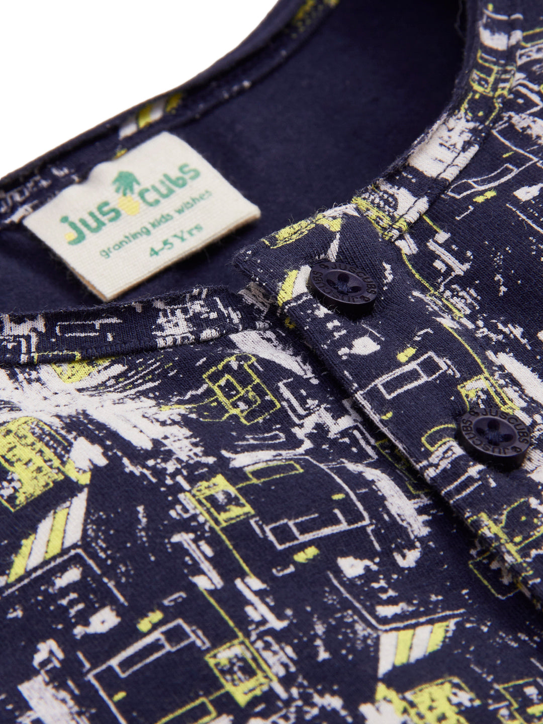 Boys' Sleeveless Henley T-shirt – Navy Blue with Neon Yellow Graphic Print