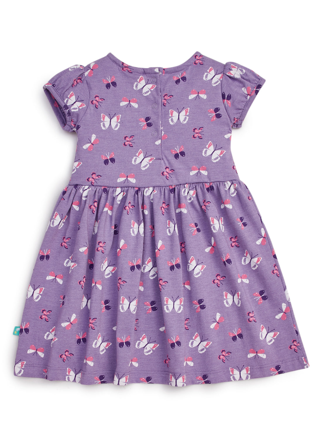 Baby Girls' Butterfly Print Cotton Dress – Purple Short Sleeve Frock with Peter Pan Collar