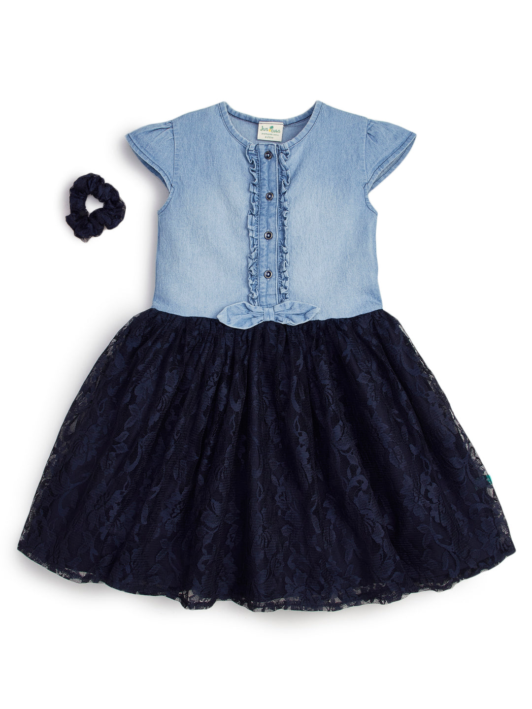 Girls' Denim and Navy Lace Party Dress with Matching Hair Scrunchie – Short Sleeve Button-Front Dress with Bow Accent