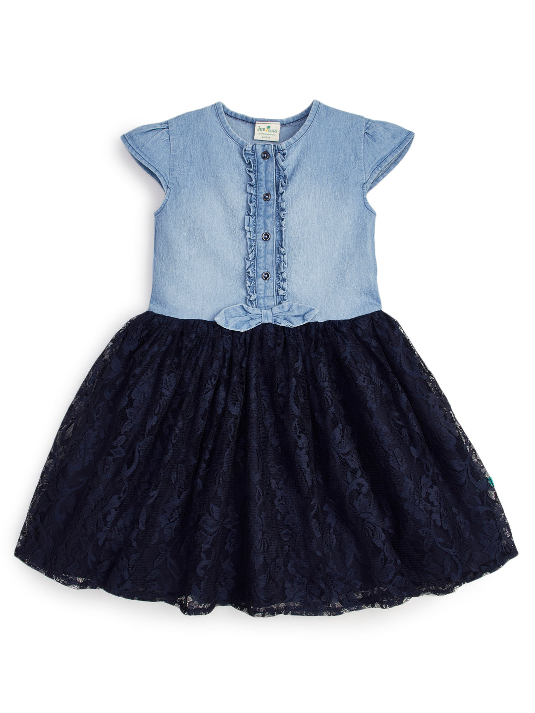 Girls' Denim and Navy Lace Party Dress with Matching Hair Scrunchie – Short Sleeve Button-Front Dress with Bow Accent