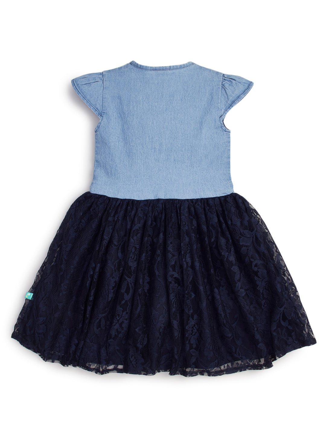 Girls' Denim and Navy Lace Party Dress with Matching Hair Scrunchie – Short Sleeve Button-Front Dress with Bow Accent