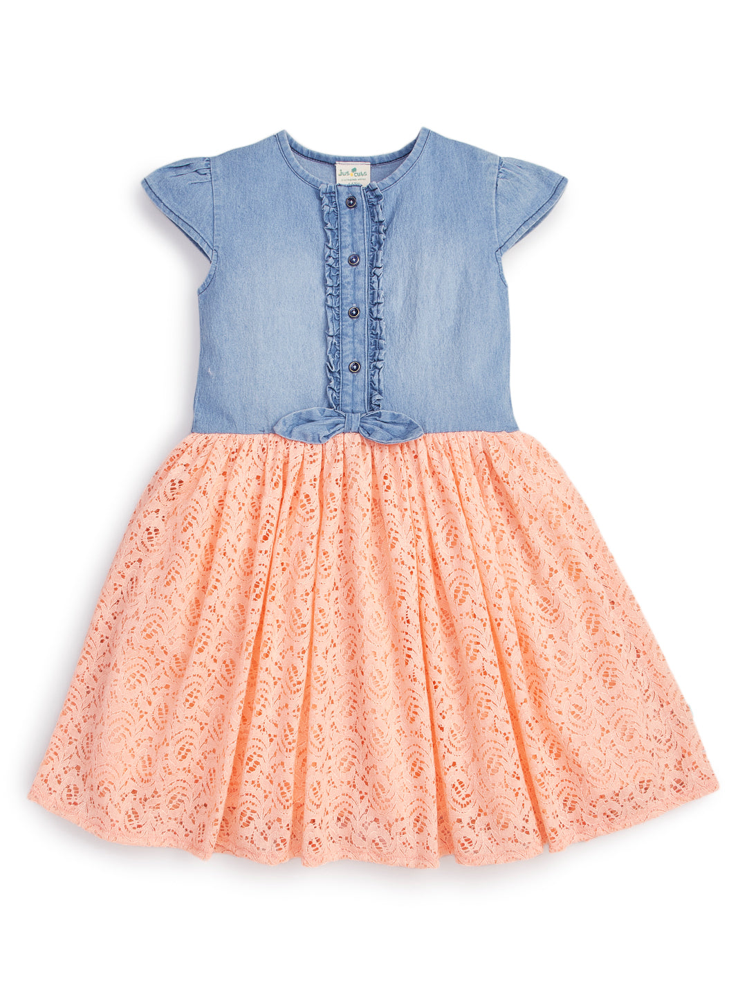 Girls' Denim and Lace Dress – Short Sleeve Button-Front Chambray Top with Peach Lace Skirt and Bow Detail