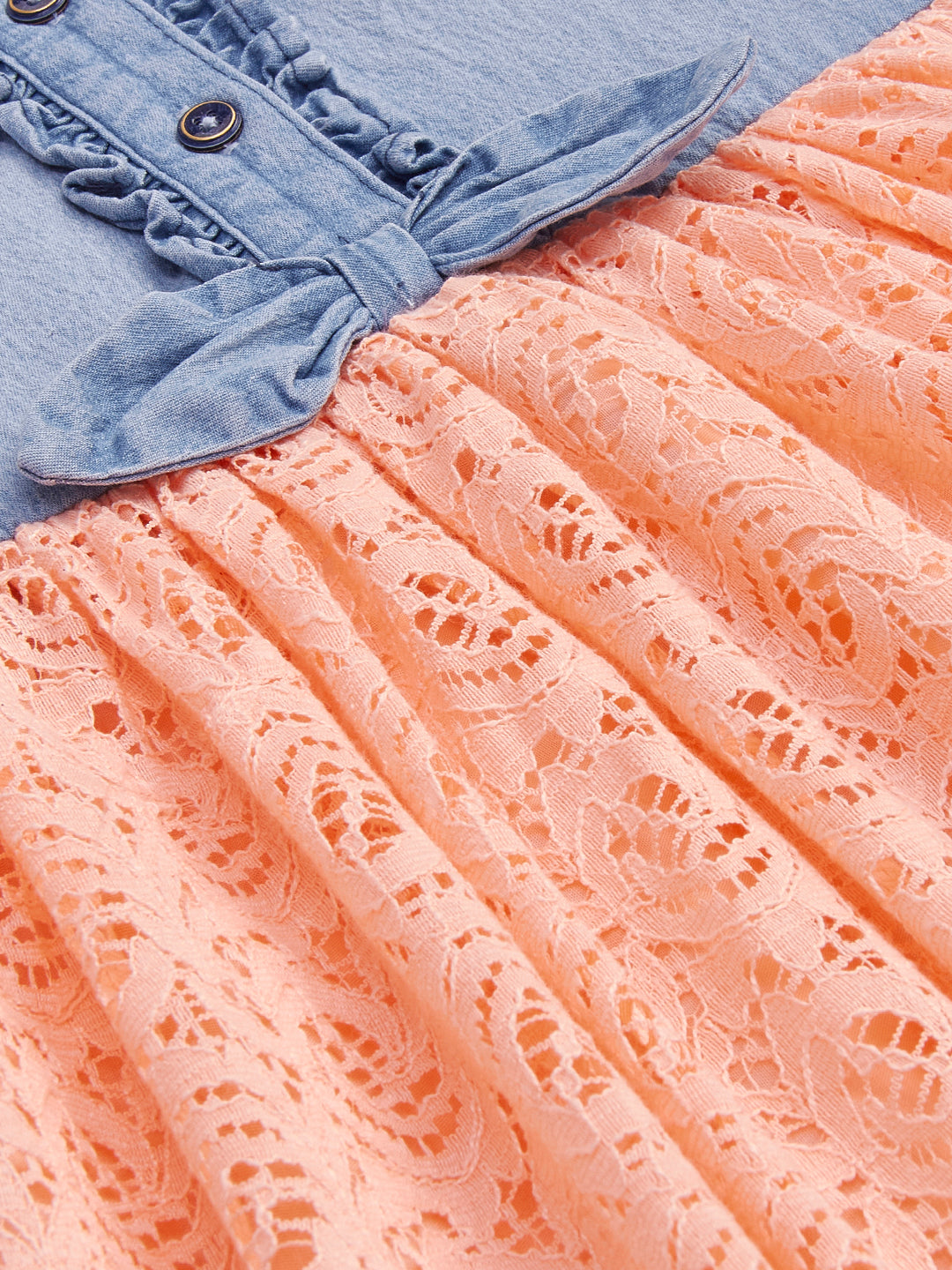 Girls' Denim and Lace Dress – Short Sleeve Button-Front Chambray Top with Peach Lace Skirt and Bow Detail