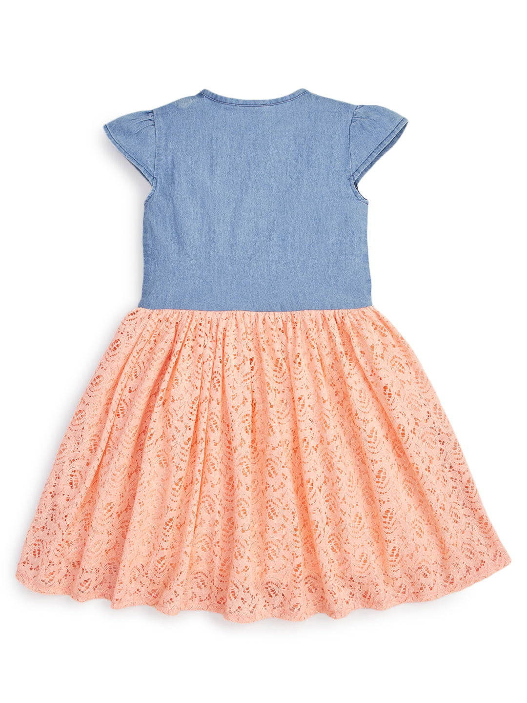 Girls' Denim and Lace Dress – Short Sleeve Button-Front Chambray Top with Peach Lace Skirt and Bow Detail