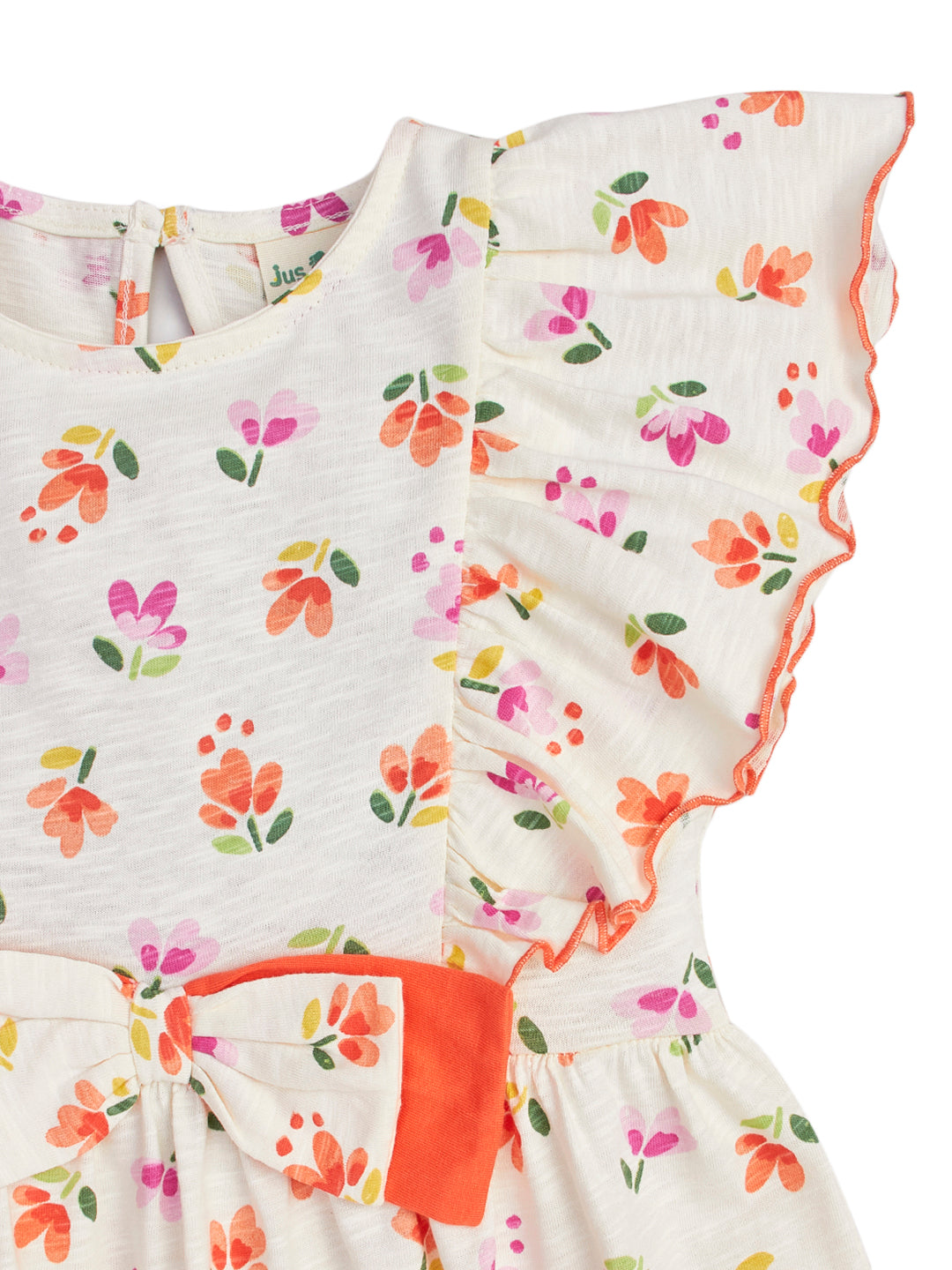 Girls' Floral Ruffle Sleeve Dress – White Summer Dress with Orange Bow and Colorful Flower Print