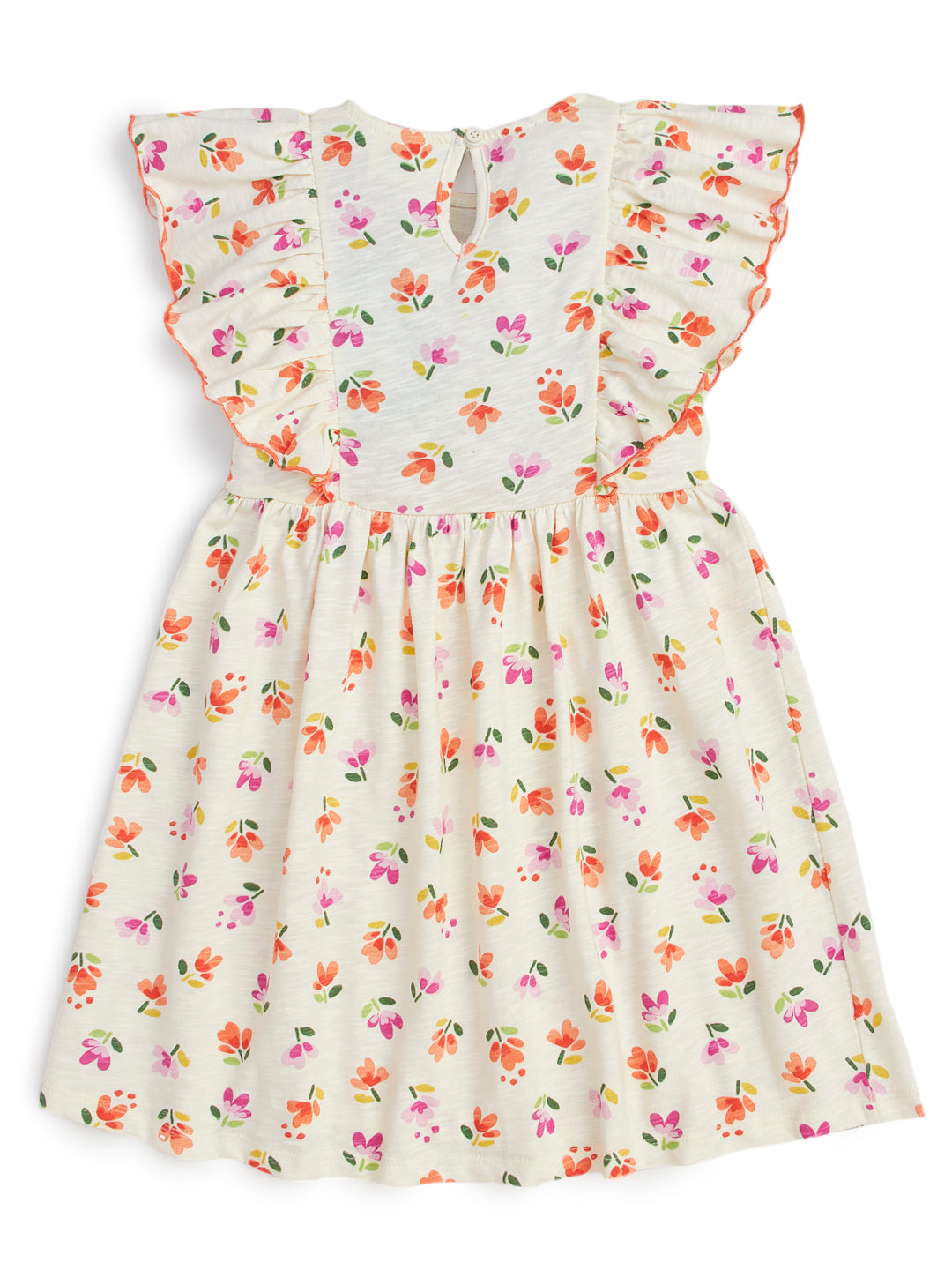 Girls' Floral Ruffle Sleeve Dress – White Summer Dress with Orange Bow and Colorful Flower Print