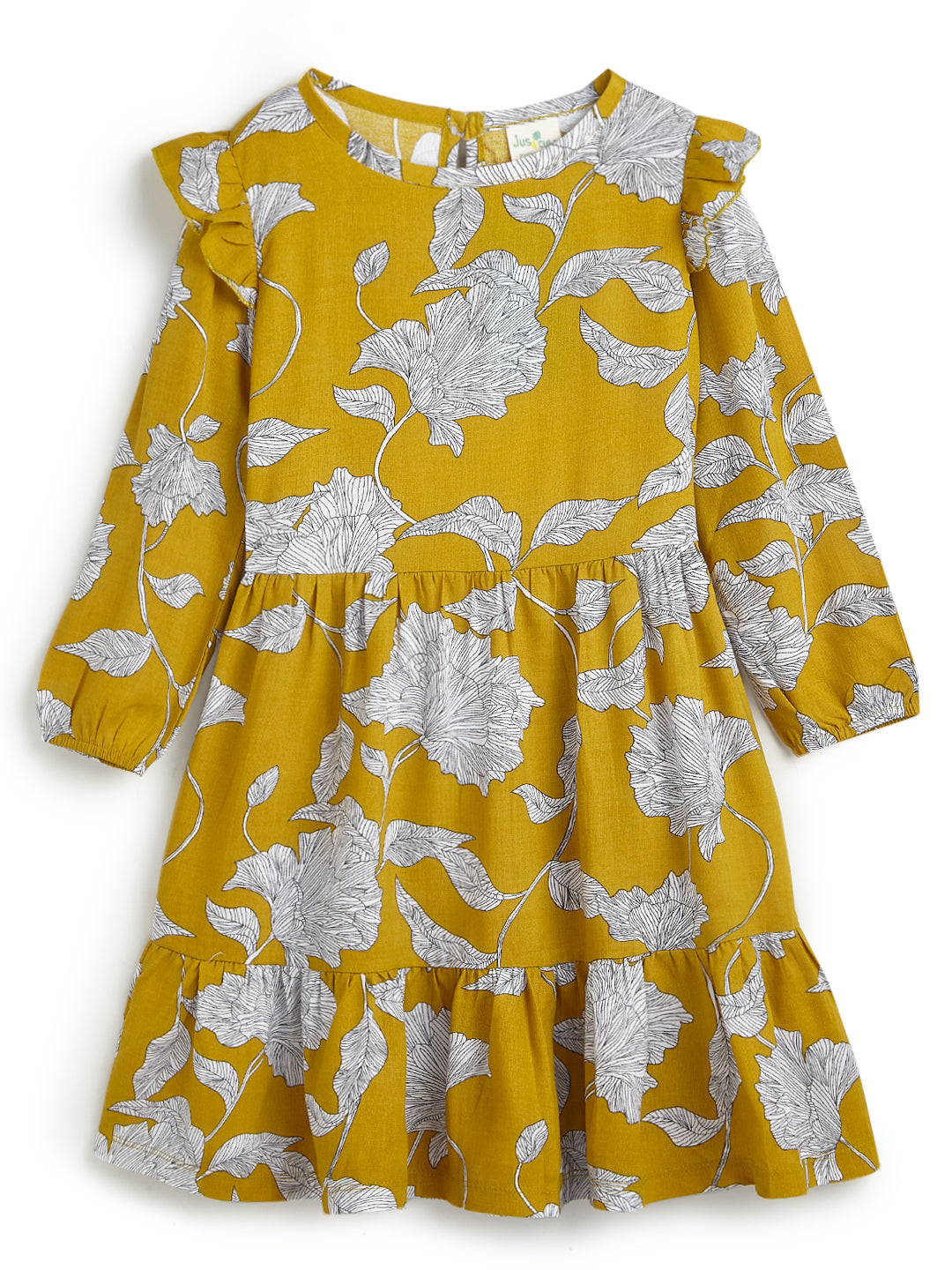 Girls' Mustard Yellow Floral Printed Dress with Ruffle Sleeves