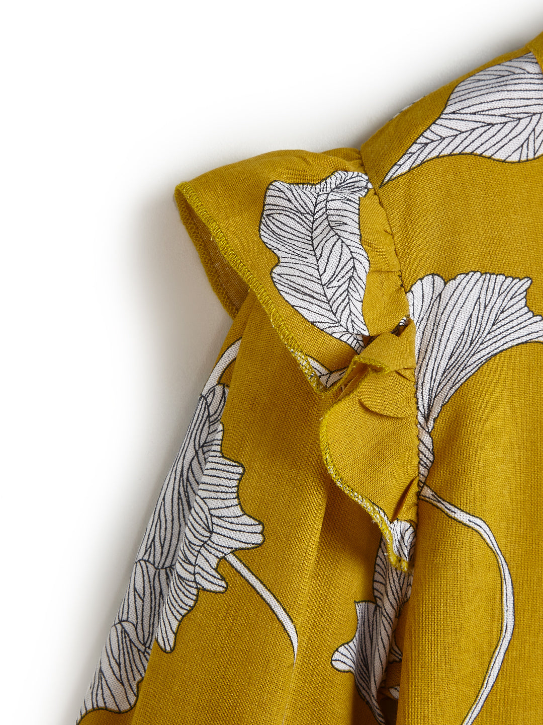 Girls' Mustard Yellow Floral Printed Dress with Ruffle Sleeves