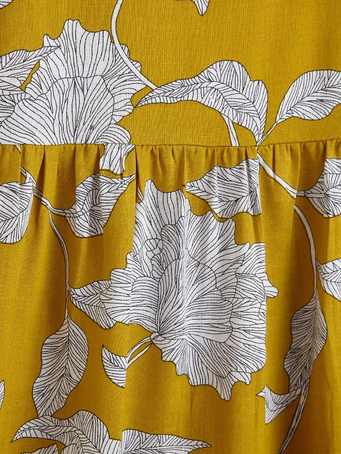 Girls' Mustard Yellow Floral Printed Dress with Ruffle Sleeves