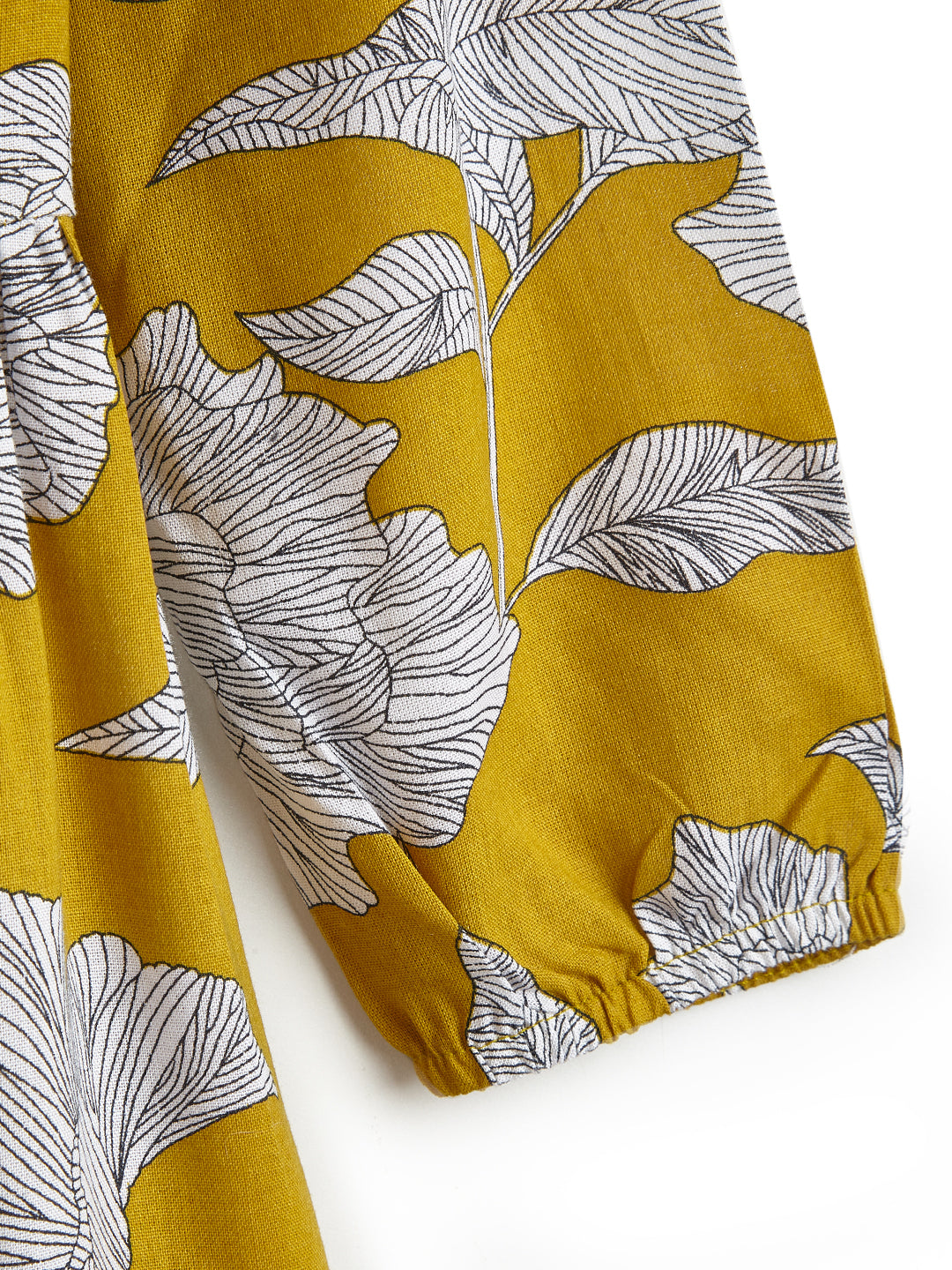 Girls' Mustard Yellow Floral Printed Dress with Ruffle Sleeves